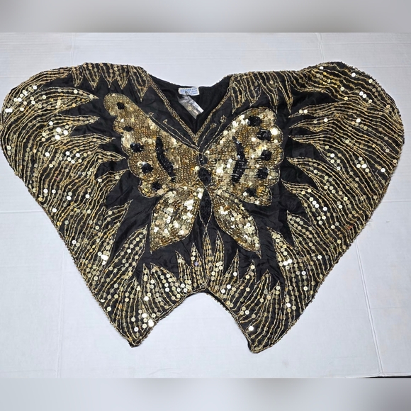 Vintage 70's Sequins Butterfly Retro Disco Womans M 100% Silk Beads Gold Black - Picture 2 of 11